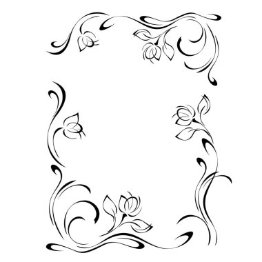 Süslenmiş çiçek tomurcukları ile dekoratif çerçeve üzerinde yapraklar ve siyah çizgiler ile beyaz arkaplan üzerinde vignet