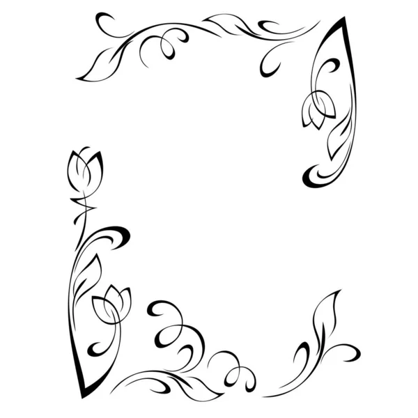 Декоративна Рамка Стилізованими Квітковими Бруньками Стеблах Листям Віньєтками Чорних Лініях — стоковий вектор