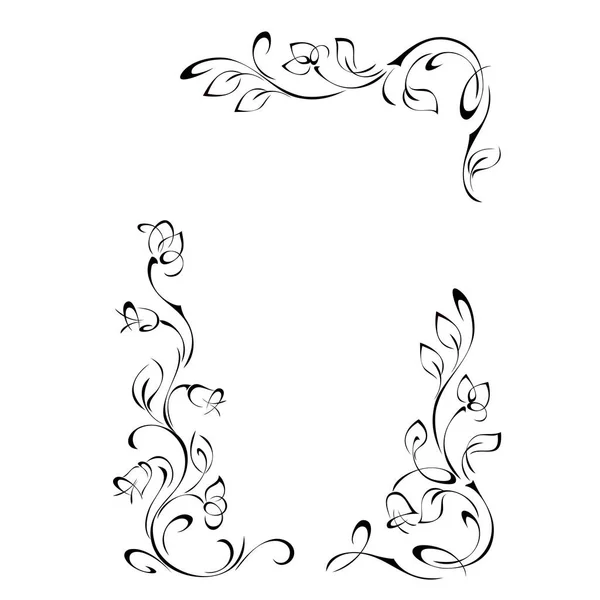 Dekoracyjna Prostokątna Ramka Stylizowanymi Kwiatami Łodygach Liśćmi Dzwonkami Winietami Czarnych — Wektor stockowy
