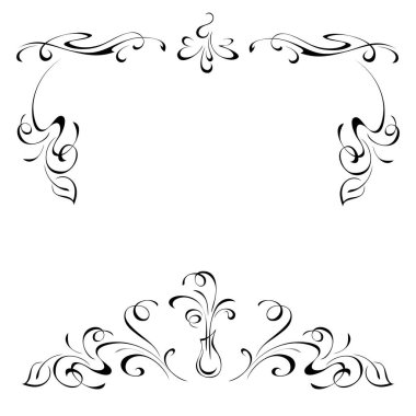 Benzersiz dekoratif çerçeve, stilize yeşillikler, vignettler ve beyaz arkaplanda siyah çizgiler içinde bir vazo.