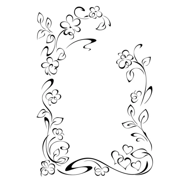 Jedinečný Dekorativní Rám Stylizovanými Květy Listy Srdíčky Viněty Černých Liniích — Stockový vektor