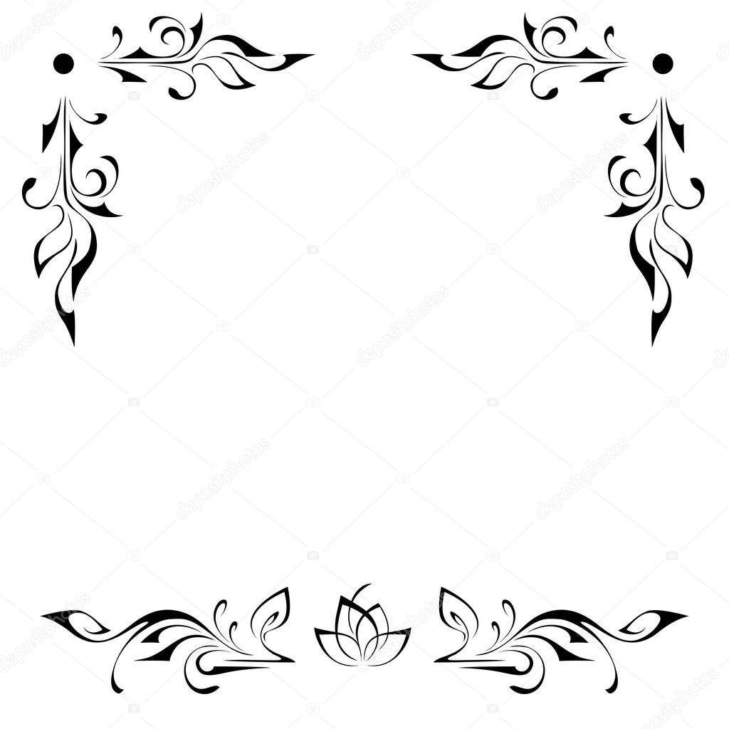 unique decorative frame with vignettes and abstract flower in black lines on white background