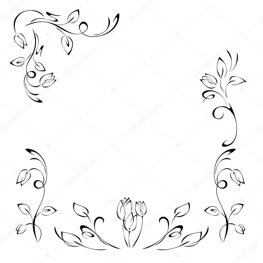 unique decorative frame with floral ornament and vignettes in black lines on a white background