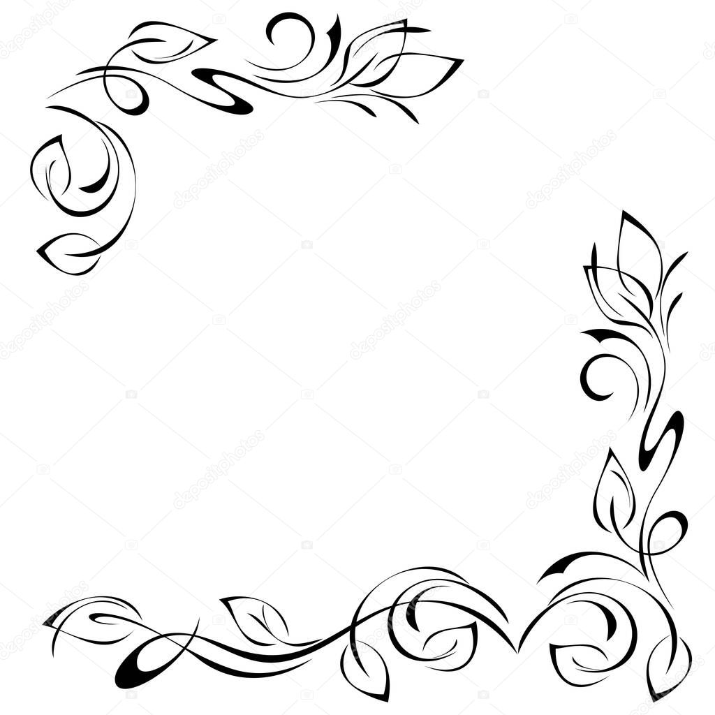 unique decorative rectangular frame of stylized leaves and vignettes in black lines on a white background