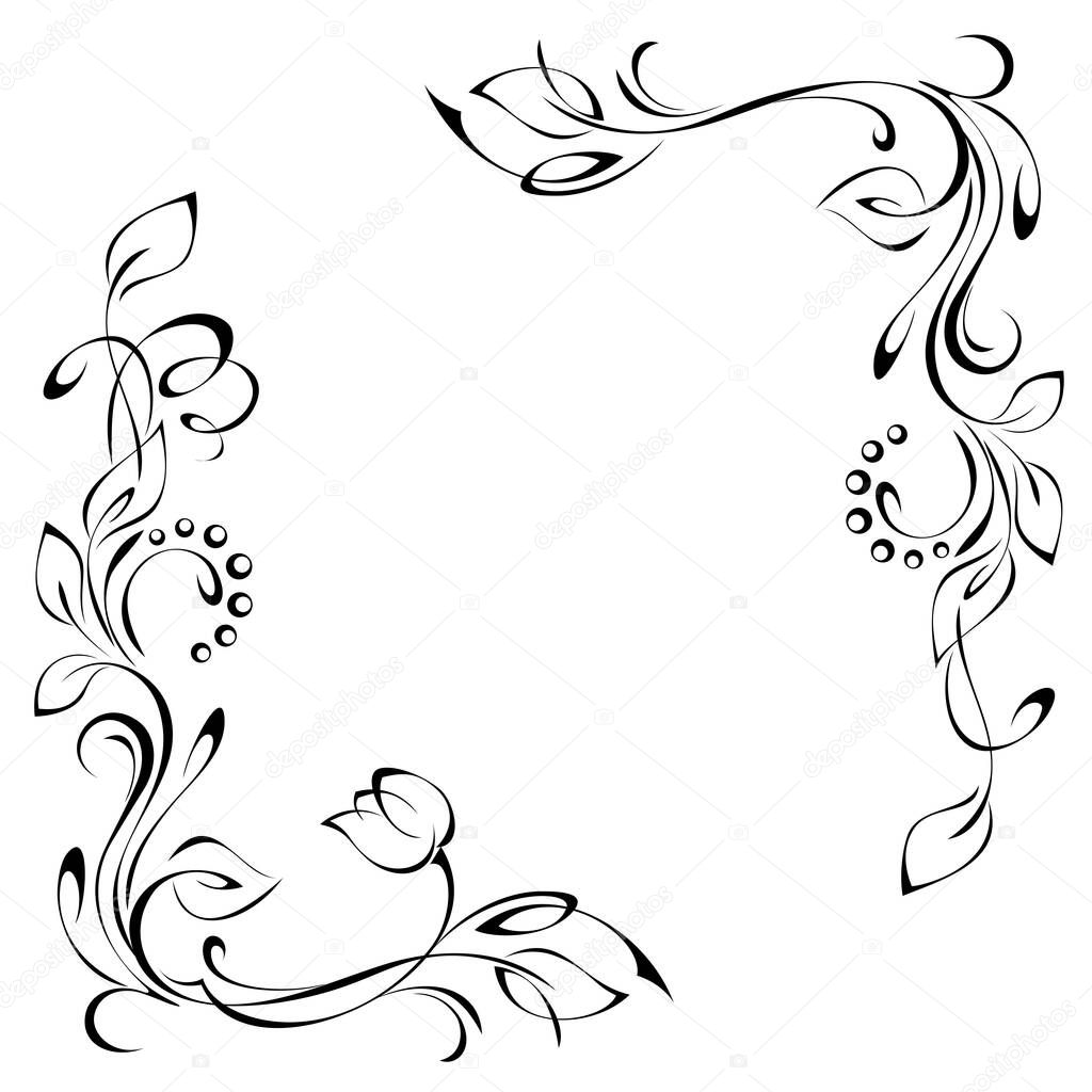 unique decorative frame of stylized leaves with a flower bud and vignettes in black lines on a white background