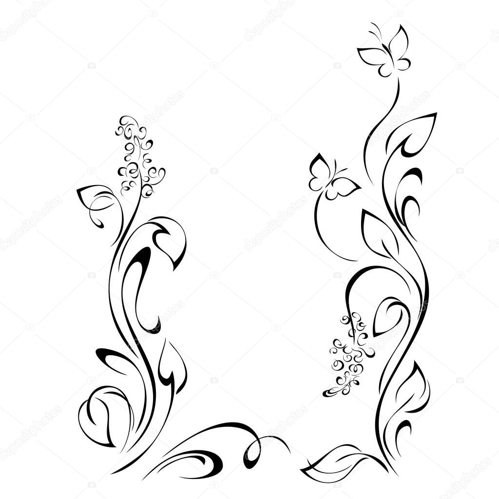 unique decorative frame with stylized flowers on stems with leaves, butterflies and vignettes in black lines on a white background