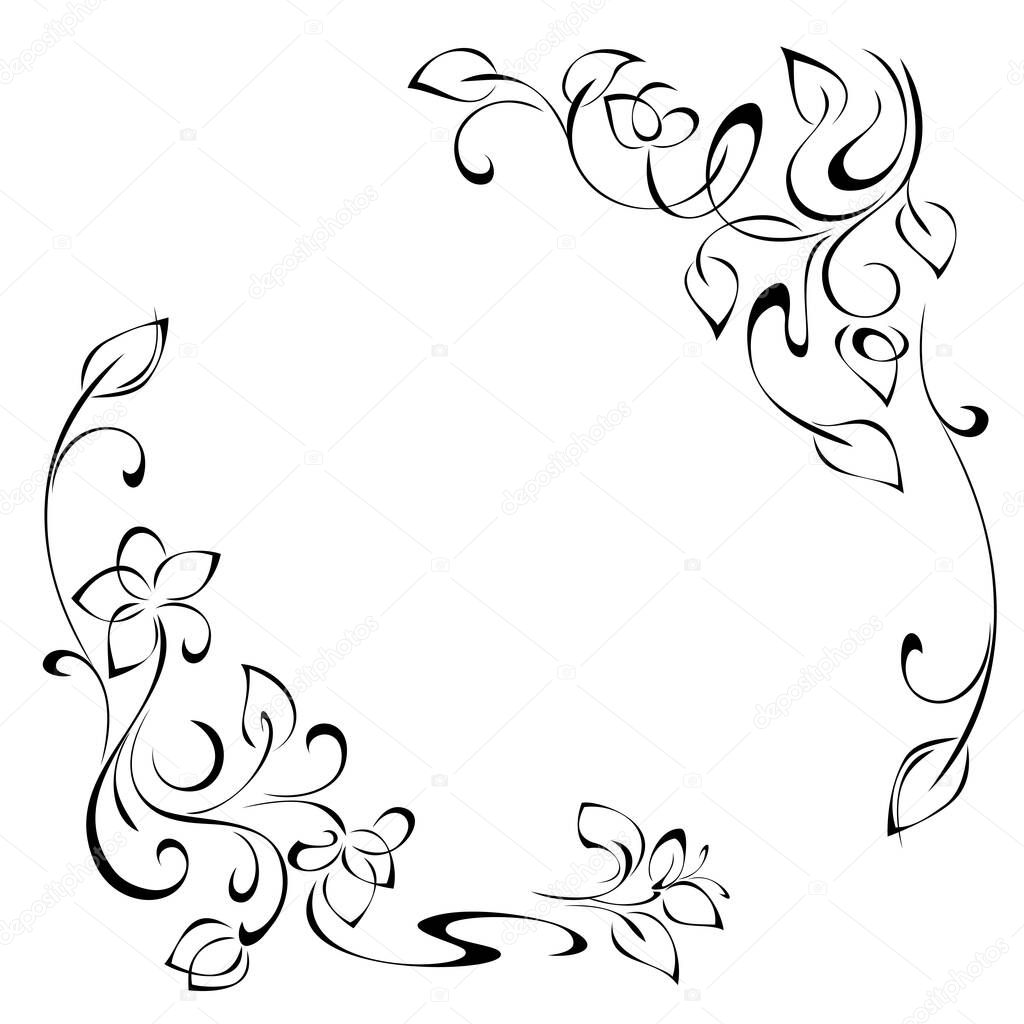 unique decorative frame with stylized flowers on stems with leaflets and curls in black lines on a white background