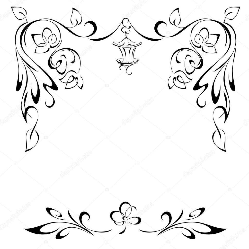 unique decorative symmetrical frame with stylized flowers on stems with leaves, vignettes and a street lamp in black lines on a white background