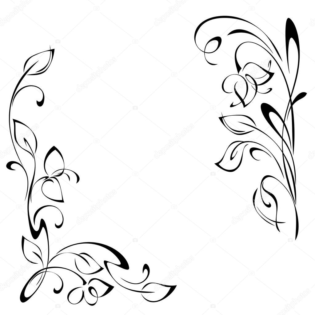 unique decorative frame with stylized flowers on stems with leaflets and curls in black lines on a white background