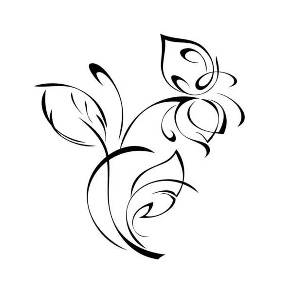 Unik Stiliserad Blomma Stjälk Med Två Blad Svarta Linjer Vit — Stock vektor