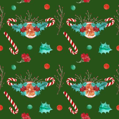 Noel ve Yeni Yıl teması üzerine dekoratif unsurlarla süslü parlak suluboya çizimi