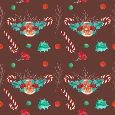 Noel ve Yeni Yıl teması üzerine dekoratif unsurlarla süslü parlak suluboya çizimi