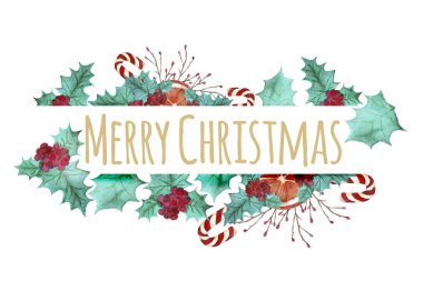 Noel ve Yeni Yıl teması üzerine dekoratif unsurlarla süslü parlak suluboya çizimi