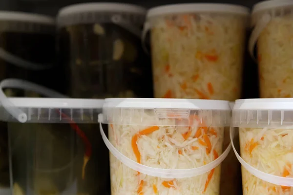 Preserved food, marinated fermented and pickled vegetables in jars — Stock Image Preserved food, marinated fermented and pickled vegetables in jars Stock Image