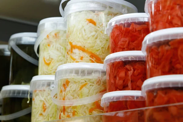 Preserved food, marinated fermented and pickled vegetables in jars — Stock Image Preserved food, marinated fermented and pickled vegetables in jars Royalty Free Stock Images