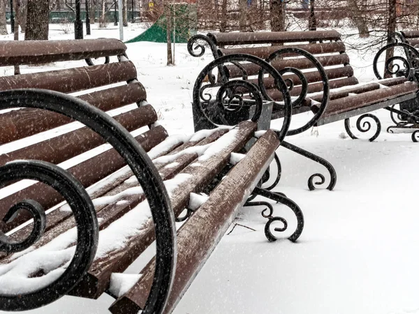 Bancs rouges dans un parc recouvert de neige — Photo