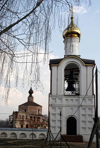 Біла Православна Церква Золотим Куполом Фоні Гілок Дерев Ранньою Весною — стокове фото