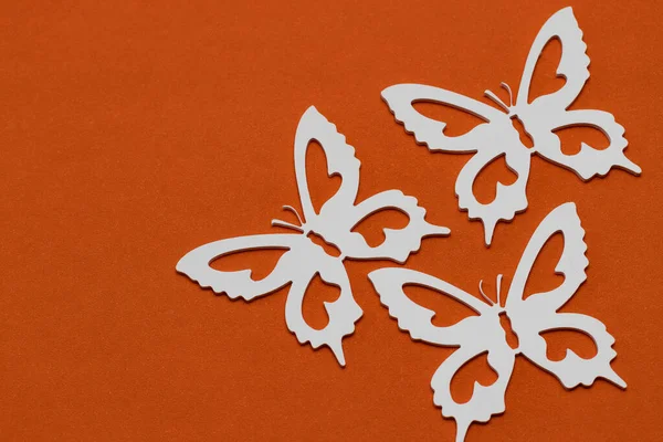 春の自然の概念 最小限のフラットレイ構成 トップビュー オレンジの背景に白い蝶 創造的な最小限のコンセプト コピースペース — ストック写真