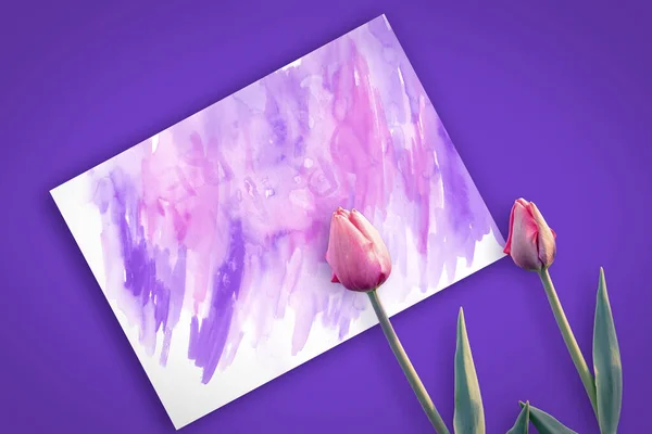 明信片上的淡紫色背景上美丽的粉色郁金香 春天的时间和心情 — 图库照片