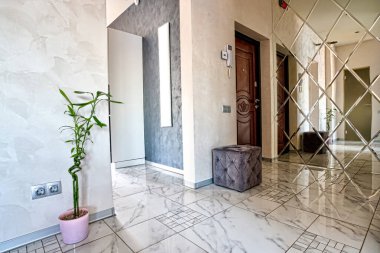 Ön giriş salonunun manzarası. Beyaz duvarları, güzel bir avizesi ve büyük bir aynası olan minimalizm tarzında güzel, modern bir salonun parlak iç mekanı..