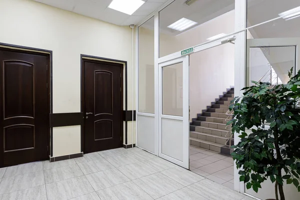 Empty Corridor Modern Office Building Hall Light Walls Brown Doors — Stock Photo, Image