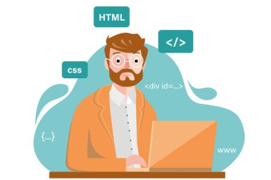 Bir bilgisayarda çalışan takım elbiseli bir programcı.