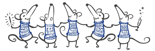 Vijf dansende schattige muizen of ratten in blauwe truien die plezier hebben met het vieren van Chinees Nieuwjaar 2020. Vector hand tekening illustratie voor ansichtkaart of banner Rechtenvrije Stockillustraties