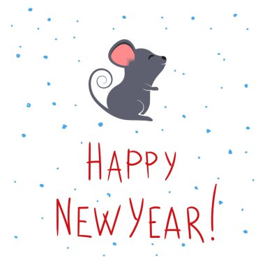 Şirin gri çizgi film faresi ya da fare ve mutlu yeni yıl harfleri. 2020 yılının Çin yılbaşı tebrik kartı için. Vektör el çizimi illüstrasyon