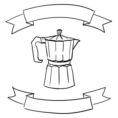 Dekoratif kurdeleli İtalyan gayzer kahve makinesi. Mesaj için yer. Vektör el çizimi illüstrasyon