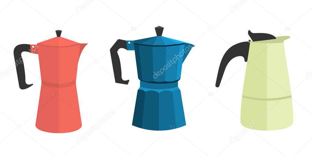 a set of three different geyser Italian coffee makers in a flat style. in different colors. red, green and blue. Vector illustration