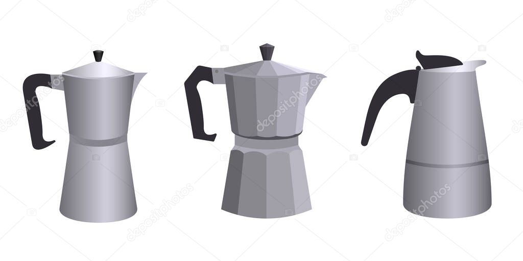 a set of three different geyser Italian coffee makers in a flat style. Vector illustration