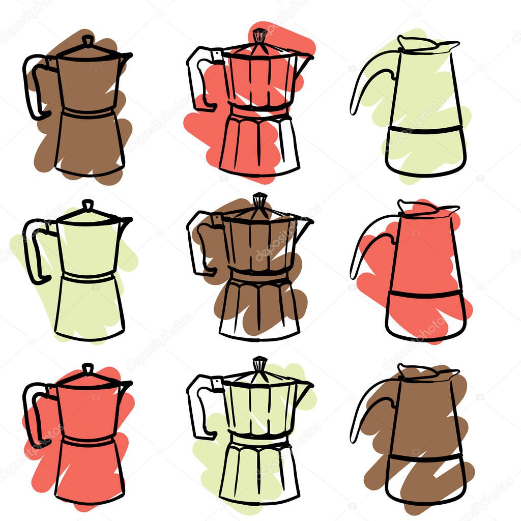 a set of nine colorful geyser Italian coffee makers in a doodle style. Vector hand drawn illustration