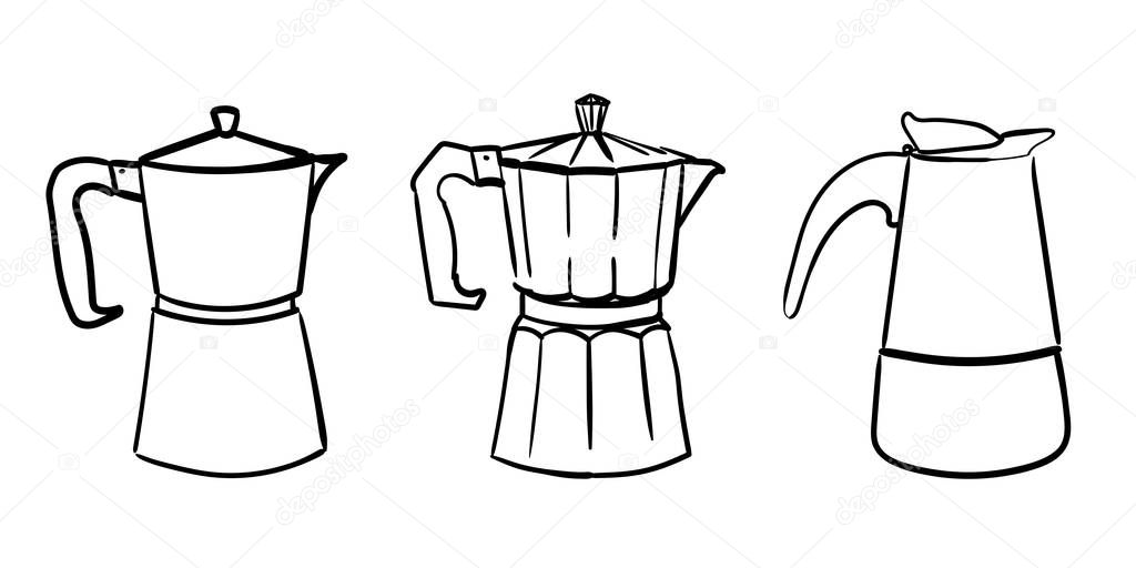 a set of three different Italian geyser doodle coffee makers. Vector hand drawn illustration