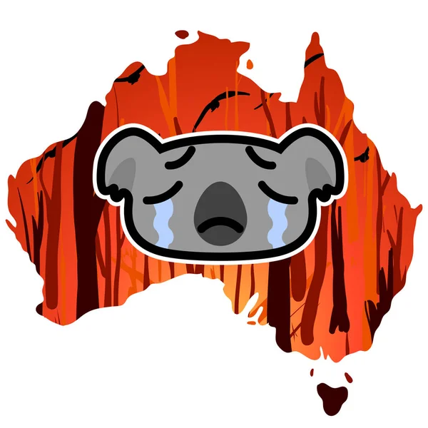 Weeping koala icon on a Australia map outline background with a burning forest. Cartoon vector illustration — 스톡 벡터