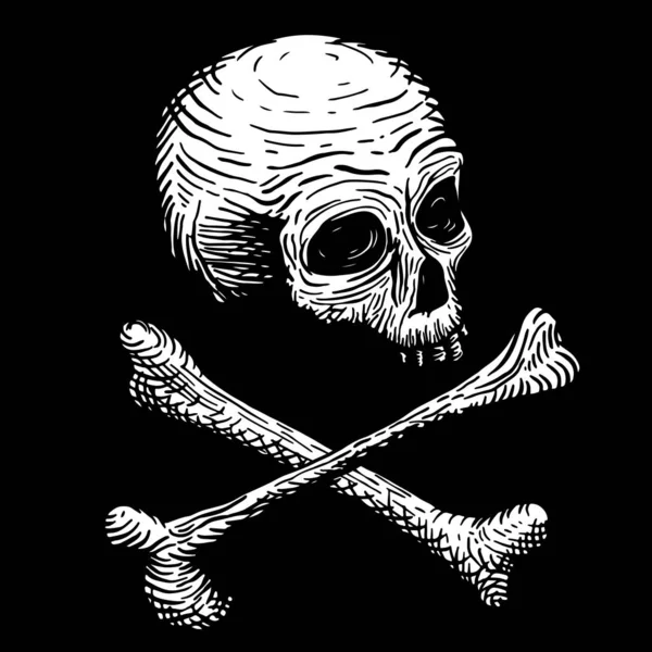 Dibujo a mano de un cráneo de un hombre muerto, con huesos, sobre un fondo negro. ilustración vectorial — Archivo Imágenes Vectoriales