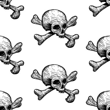 Beyaz arka planda kafatasları ve kemikleri olan kusursuz bir desen. Vektör el çizimi çizimi