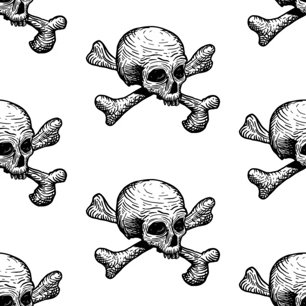 Beyaz arka planda kafatasları ve kemikleri olan kusursuz bir desen. Vektör el çizimi çizimi — Stok Vektör