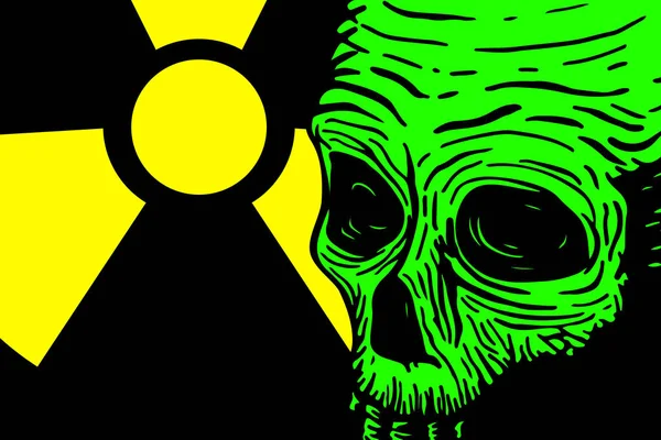 Banner modelo com crânio de um homem morto e lugar para texto, com um aviso sobre radiação e toxicidade. Ilustração do desenho da mão vetorial —  Vetores de Stock