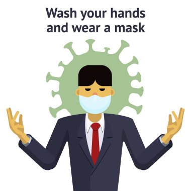 Tıbbi maskeli Asyalı bir adam virüsten korunuyor. Yazıt ellerini yıkar ve maske takar. Vektör düz resimleme