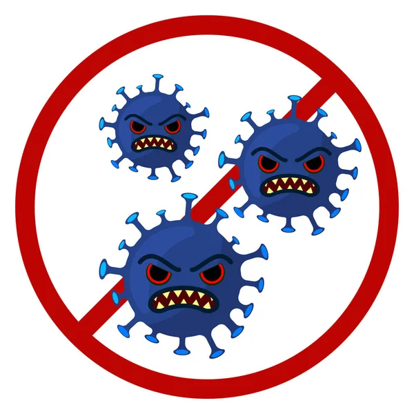 Coronavirus mit wütendem Gesichtsausdruck, durchgestrichen mit einem Stoppschild. Vektor Cartoon flache Illustration — Stockvektor