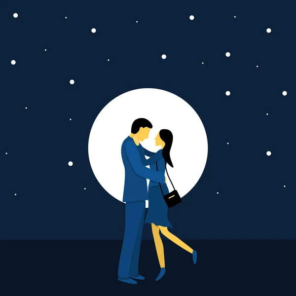 Un par de amantes lindos en un fondo del cielo nocturno con la luna. Ilustración vectorial plana en colores de moda — Archivo Imágenes Vectoriales