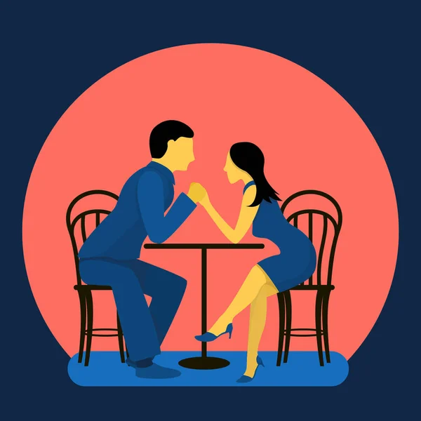 Bir kafedeki masada oturan iki sevimli aşık. Moda renklerinde düz vektör illüstrasyonu — Stok Vektör