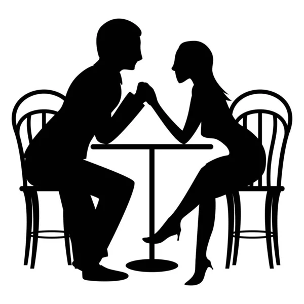 Un par de amantes lindos en una mesa en un café. Ilustración de silueta de vector plano — Archivo Imágenes Vectoriales