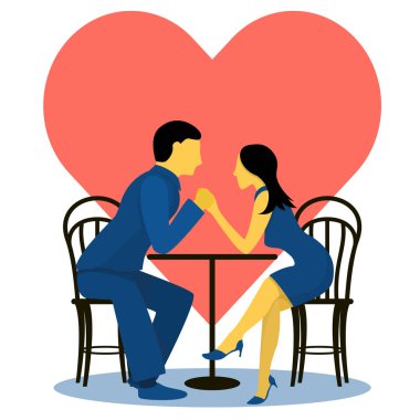 Kafedeki bir masada, kalbin arka planında bir çift sevimli aşık. Moda renklerinde düz vektör illüstrasyonu