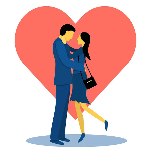 Un paio di amanti carini sullo sfondo del cuore. Illustrazione vettoriale piatta in colori alla moda — Vettoriale Stock