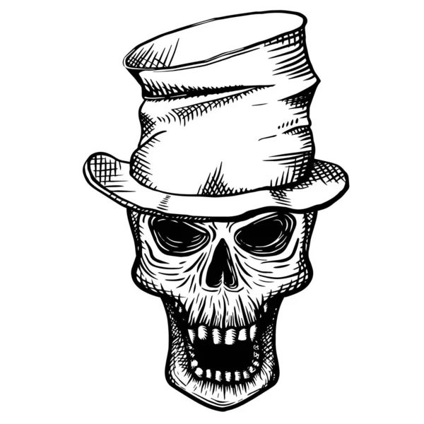 Calavera dibujada a mano de un hombre muerto con un sombrero de copa arrugado, sobre un fondo blanco. Ilustración vectorial — Archivo Imágenes Vectoriales