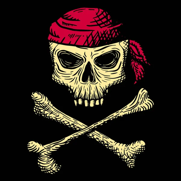 Calavera dibujada a mano de un hombre muerto en un pañuelo rojo, con huesos cruzados, sobre un fondo negro. Ilustración vectorial — Vector de stock