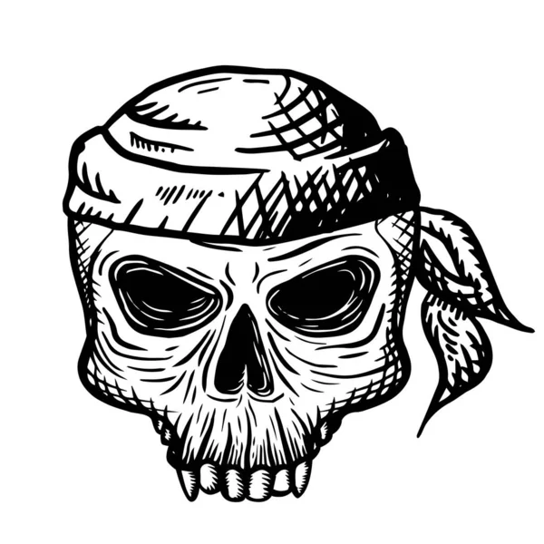 Crânio desenhado à mão de um homem morto num bandana, num fundo branco. Ilustração vetorial — Vetor de Stock