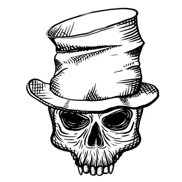 Crânio desenhado à mão de um homem morto em um chapéu de topo amassado, em um fundo branco. Ilustração vetorial — Vetor de Stock