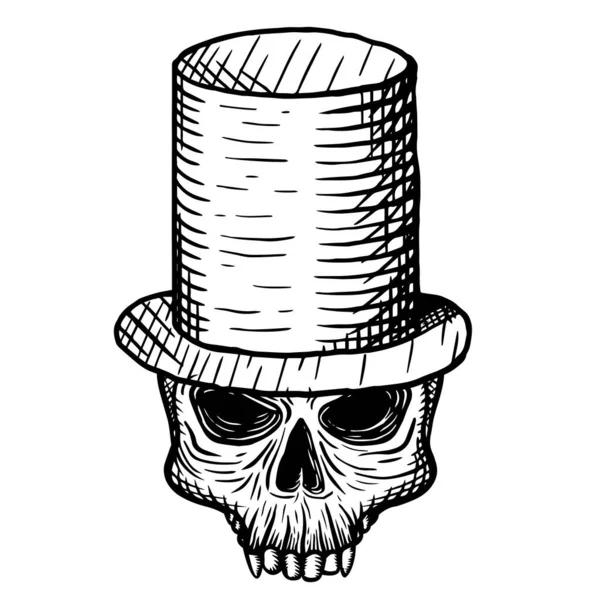 Crânio desenhado à mão de um homem morto com um chapéu superior, num fundo branco. Ilustração vetorial — Vetor de Stock